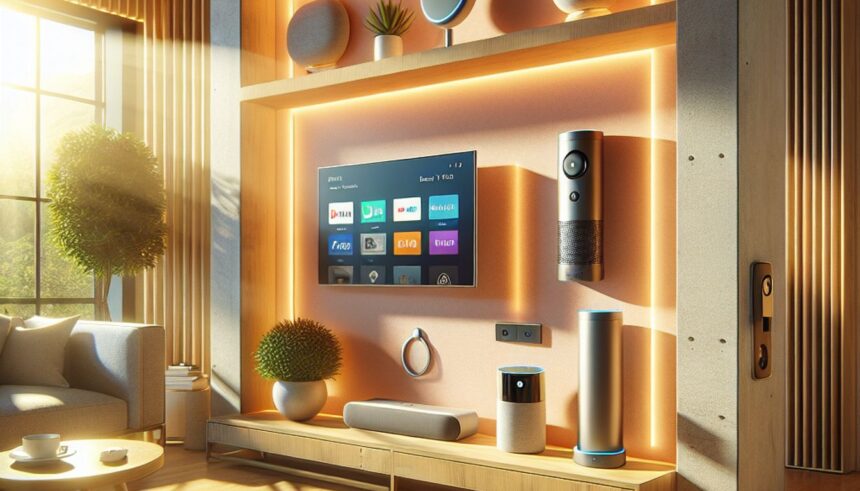 An array of Amazon smart devices including Echo speakers, Fire TV Stick, and Ring products showcased on a modern home setting.