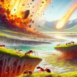 An illustration depicting the aftermath of the asteroid impact and its effects on dinosaur extinction and the evolution of ants' farming practices.