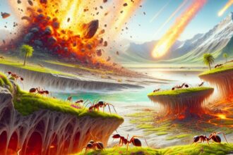 An illustration depicting the aftermath of the asteroid impact and its effects on dinosaur extinction and the evolution of ants' farming practices.