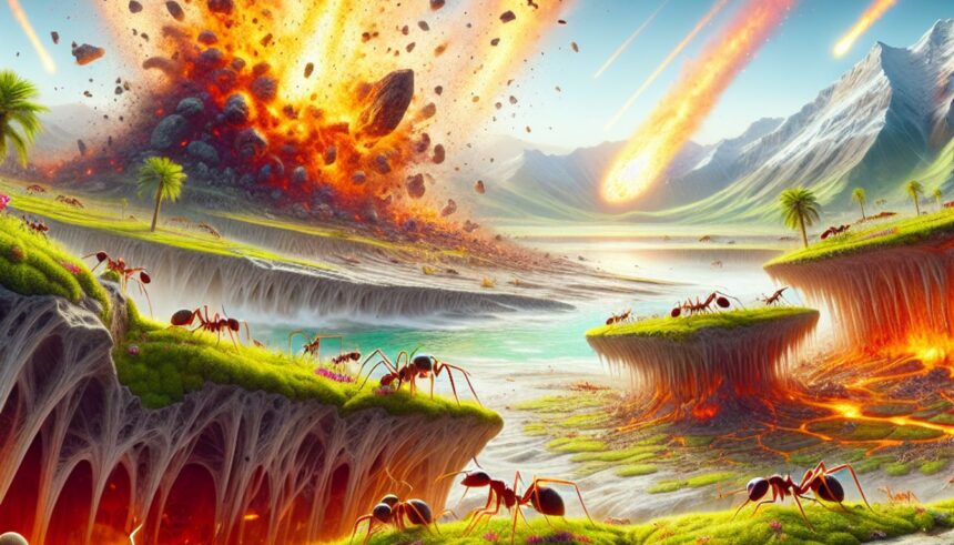 An illustration depicting the aftermath of the asteroid impact and its effects on dinosaur extinction and the evolution of ants' farming practices.