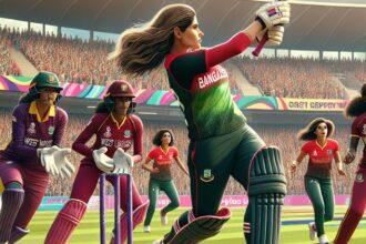 Bangladesh Women and West Indies Women players during T20 World Cup match.