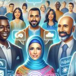 Illustration showing diverse individuals engaged with AI technology, highlighting digital inclusion and language representation
