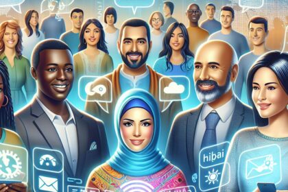 Illustration showing diverse individuals engaged with AI technology, highlighting digital inclusion and language representation