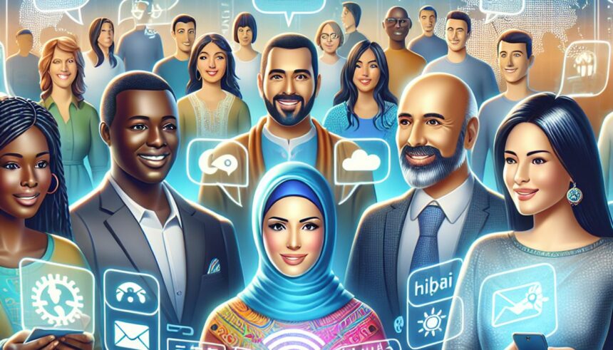 Illustration showing diverse individuals engaged with AI technology, highlighting digital inclusion and language representation