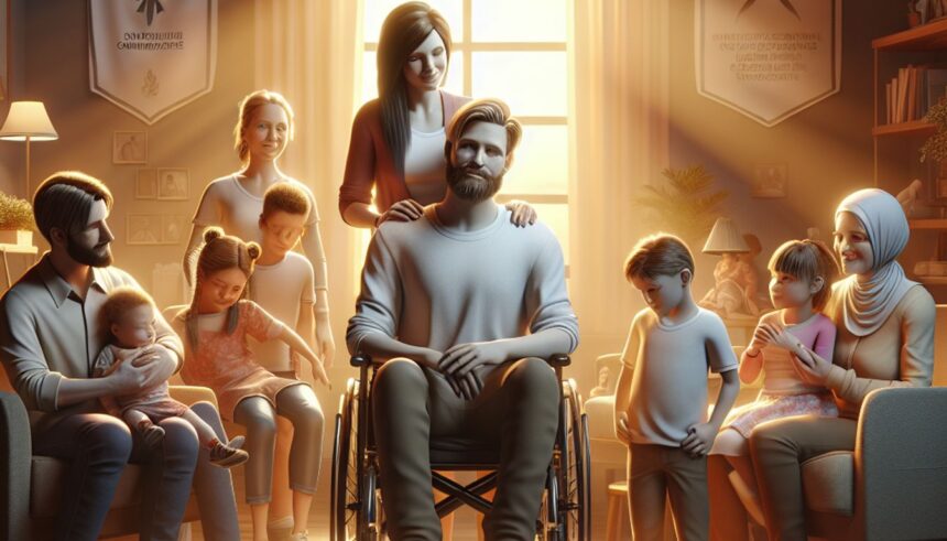 Christopher Reeve advocating for disability rights, surrounded by family, symbolizing hope and resilience.