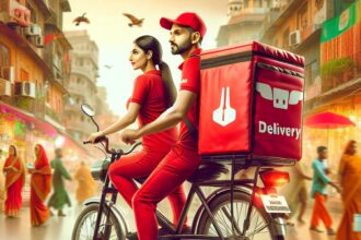 Deepinder Goyal and Grecia Munoz dressed as Zomato delivery agents in Gurgaon