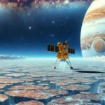 An artistic depiction of NASA's Europa Clipper spacecraft exploring Jupiter's moon Europa, with icy surface and potential subsurface ocean