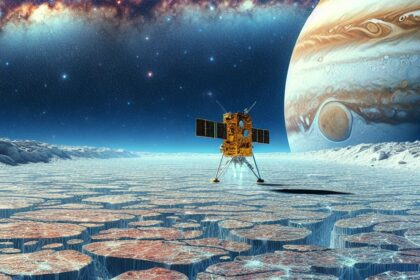 An artistic depiction of NASA's Europa Clipper spacecraft exploring Jupiter's moon Europa, with icy surface and potential subsurface ocean