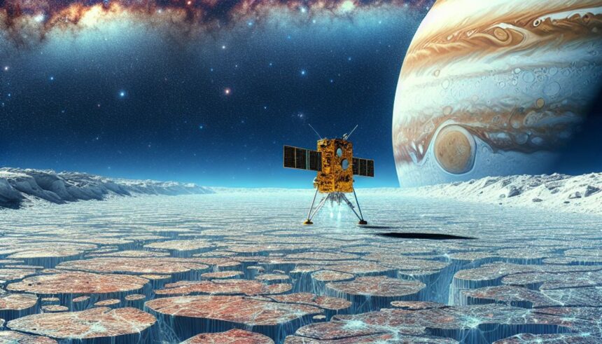 An artistic depiction of NASA's Europa Clipper spacecraft exploring Jupiter's moon Europa, with icy surface and potential subsurface ocean