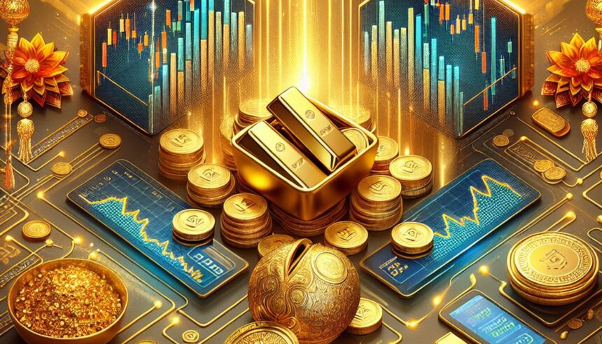 An illustration representing Gold ETFs as a modern investment tool for Dhanteras.