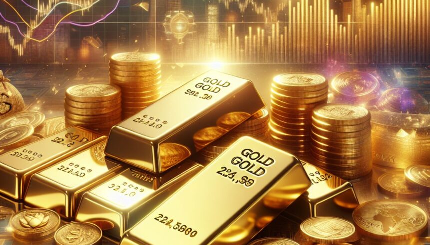 A visual representation of gold investment options amid economic uncertainty, showcasing gold bars, coins, and market trends.