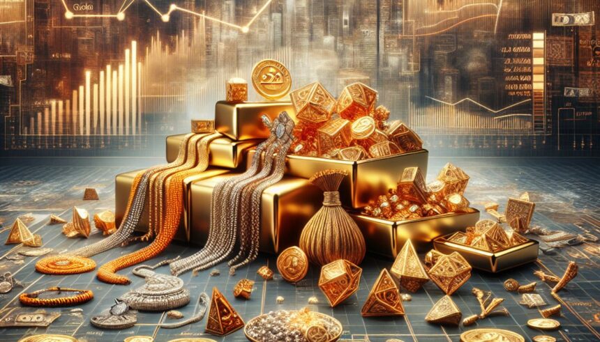 A visual representation of gold prices in India, featuring 22 carat and 24 carat gold jewelry against a backdrop of fluctuating market indicators.