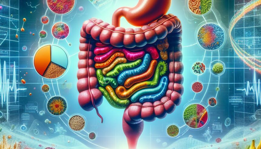 Illustration depicting gut microbiome research and its role in personalized nutrition.