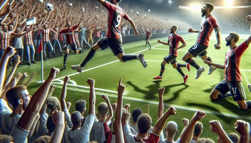 Huddersfield Town celebrating their victory against Barnsley in a League One match, with fans cheering in the background.