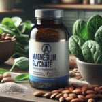 A variety of magnesium-rich foods with a bottle of magnesium glycinate supplements, exemplifying health benefits.