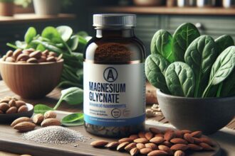 A variety of magnesium-rich foods with a bottle of magnesium glycinate supplements, exemplifying health benefits.