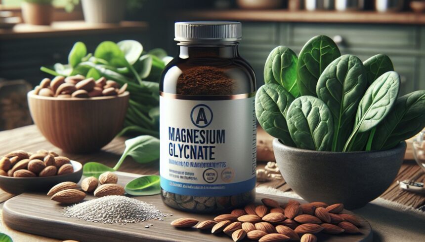 A variety of magnesium-rich foods with a bottle of magnesium glycinate supplements, exemplifying health benefits.