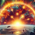A visualization of a solar storm's effects on Earth's communications, highlighting satellite disruptions and auroral displays.