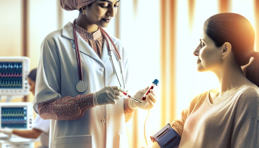 A healthcare professional conducting a blood test for preeclampsia risk assessment on a pregnant woman.