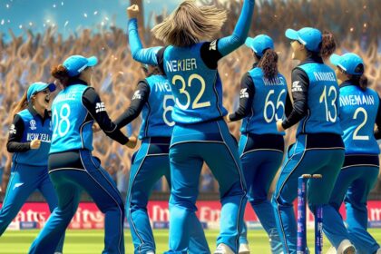 New Zealand Women celebrating a wicket against India Women during the ICC Women's T20 World Cup.