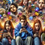 A representation of Generation Z engaged with various social media platforms, illustrating addiction and online empathy.