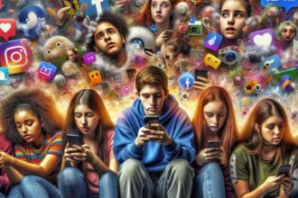 A representation of Generation Z engaged with various social media platforms, illustrating addiction and online empathy.