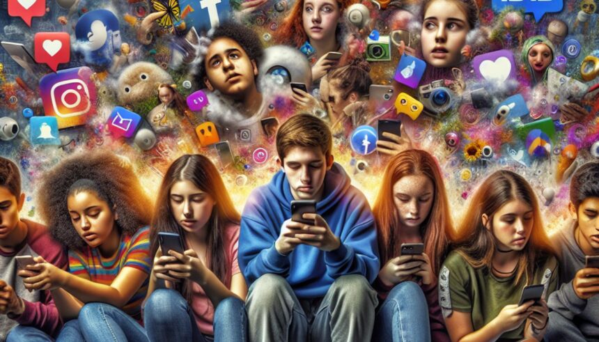 A representation of Generation Z engaged with various social media platforms, illustrating addiction and online empathy.