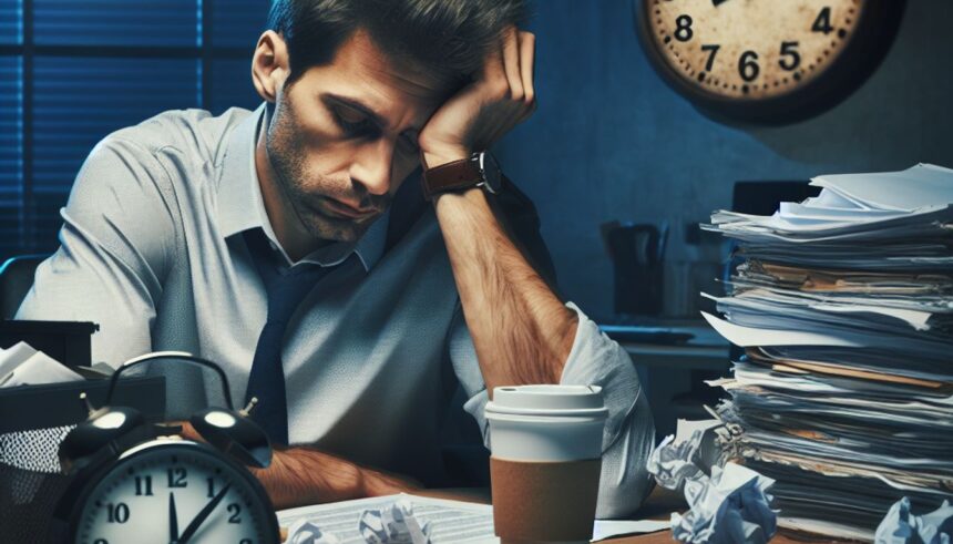 An illustration depicting the concept of burnout with a stressed employee surrounded by work-related items.