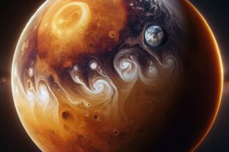 An artistic illustration of Venus, showcasing its thick atmosphere, extreme temperatures, and geological features, emphasizing its comparison to Earth.