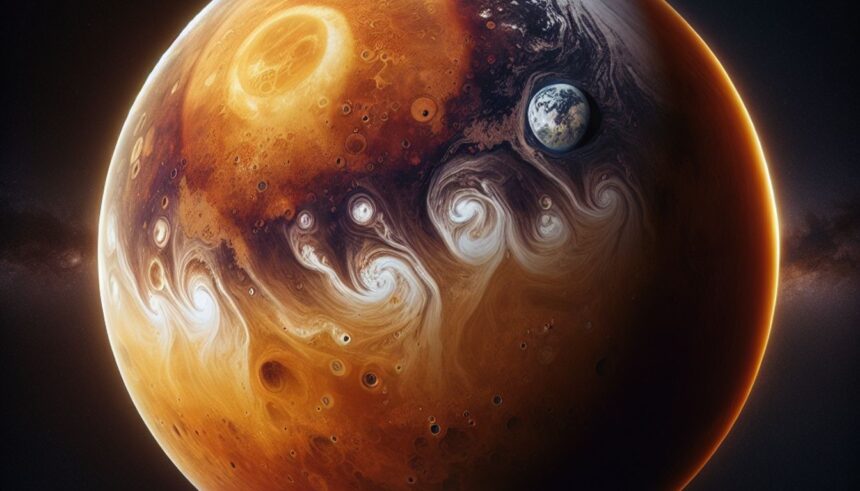 An artistic illustration of Venus, showcasing its thick atmosphere, extreme temperatures, and geological features, emphasizing its comparison to Earth.