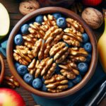 A bowl of walnuts surrounded by fresh fruits and vegetables, symbolizing healthy eating for diabetes prevention.