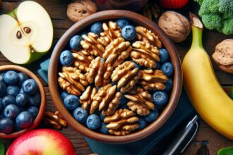 A bowl of walnuts surrounded by fresh fruits and vegetables, symbolizing healthy eating for diabetes prevention.