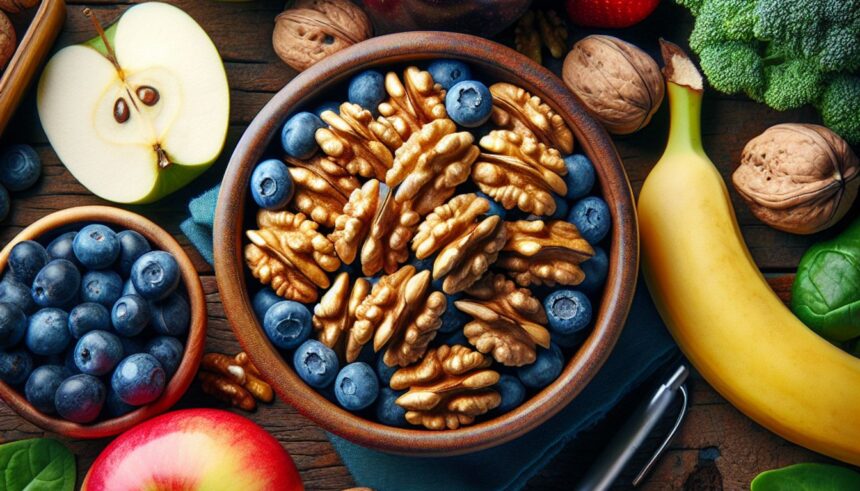 A bowl of walnuts surrounded by fresh fruits and vegetables, symbolizing healthy eating for diabetes prevention.