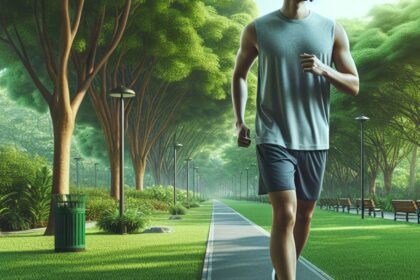 A person walking in a park with a pollution mask, focusing on heart health amidst greenery.