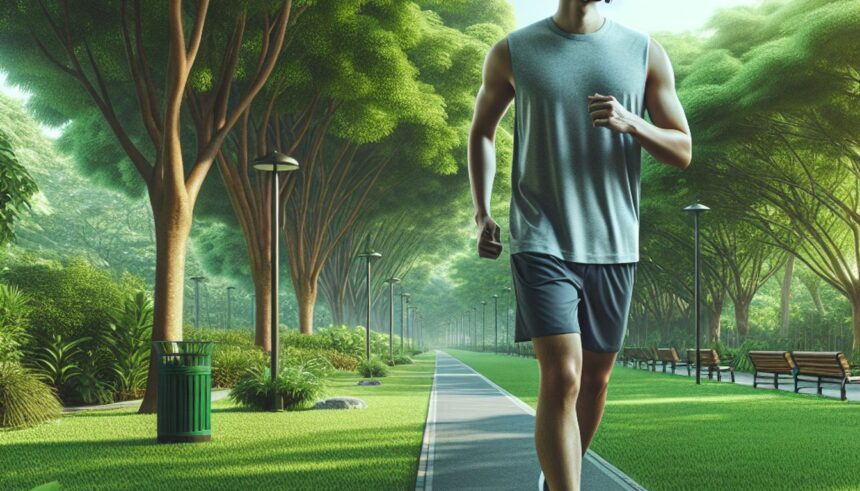 A person walking in a park with a pollution mask, focusing on heart health amidst greenery.