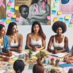 A diverse group of women in their 20s to 40s engaging in a discussion about breast cancer awareness and early detection.