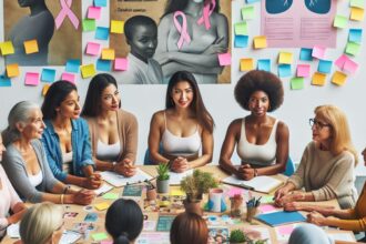 A diverse group of women in their 20s to 40s engaging in a discussion about breast cancer awareness and early detection.