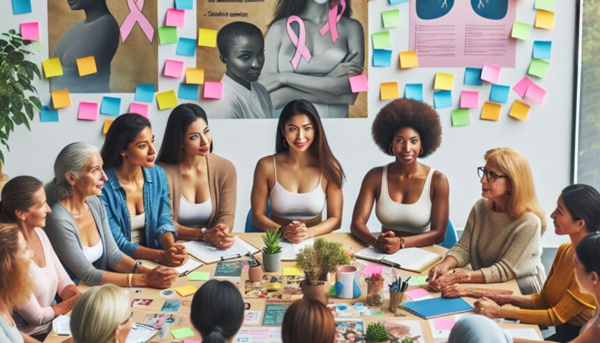 A diverse group of women in their 20s to 40s engaging in a discussion about breast cancer awareness and early detection.