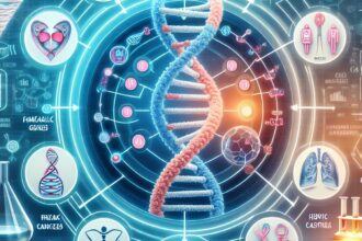 Illustration depicting genetic factors associated with breast cancer, showcasing DNA strands and risk genes.