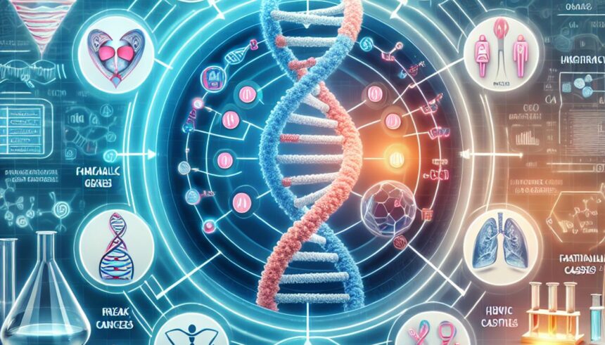 Illustration depicting genetic factors associated with breast cancer, showcasing DNA strands and risk genes.