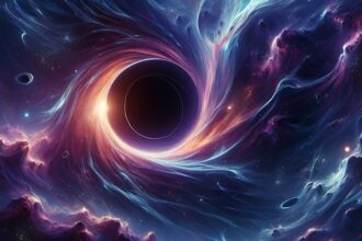 An artistic representation of dark energy and black holes affecting the cosmos, featuring cosmic elements and galaxies