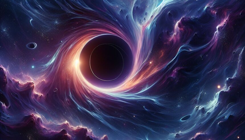 An artistic representation of dark energy and black holes affecting the cosmos, featuring cosmic elements and galaxies