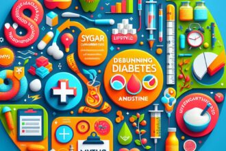 Infographic illustrating the myths and facts about diabetes, focusing on sugar consumption and insulin.