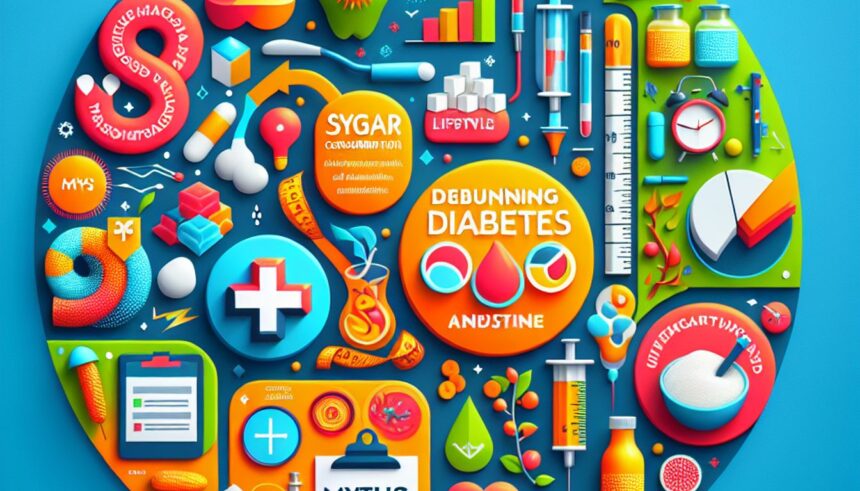 Infographic illustrating the myths and facts about diabetes, focusing on sugar consumption and insulin.