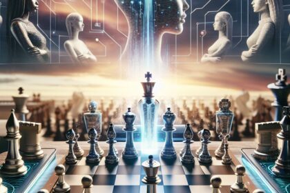 A digital artwork showcasing the integration of AI technology in chess alongside a celebration of Women Grandmasters.