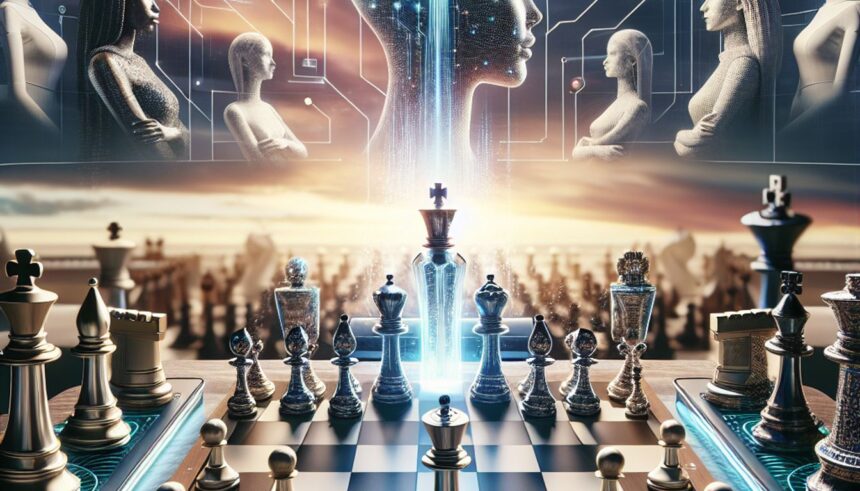 A digital artwork showcasing the integration of AI technology in chess alongside a celebration of Women Grandmasters.