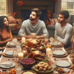 A family gathering discussing medical history during Thanksgiving dinner.