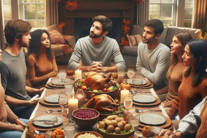 A family gathering discussing medical history during Thanksgiving dinner.