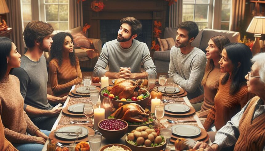 A family gathering discussing medical history during Thanksgiving dinner.