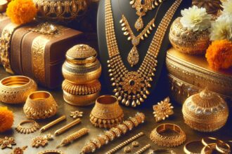 A vibrant gold jewelry display symbolizing the importance of gold investments during Diwali 2024.